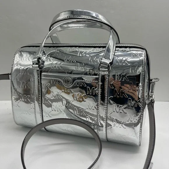MICHAEL KORS Jet Set Medm Patent Logo Debossed Duffel Crossbody Bag
Silver
NWT - Picture 1 of 15